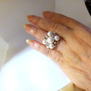 Huge Faux Pearl And CZ Cluster Ring 8